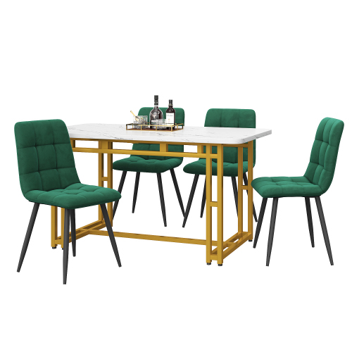Gold Esstisch mit 4 Stühlen Set,Moderne Küche Esstisch Set, dunkelgrüner Samt Esszimmerstühle