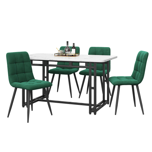 Schwarz Esstisch mit 4 Stühlen Set,Moderne Küche Esstisch Set, dunkelgrüner Samt Esszimmerstühle