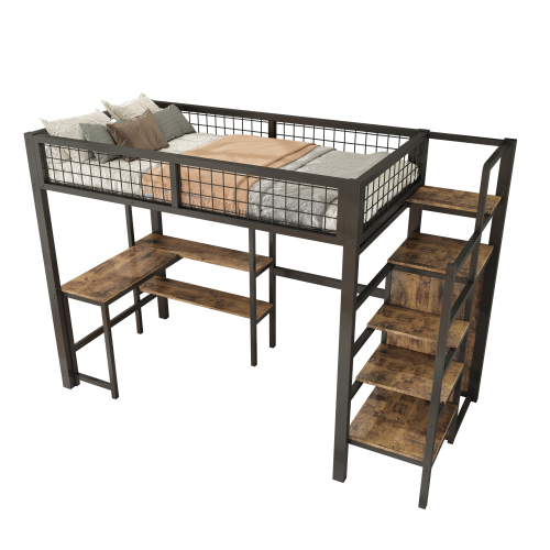 90*200cm Hochbett, Eisenbett, Untertisch, mehrere Einlegeböden, Einbauschrank