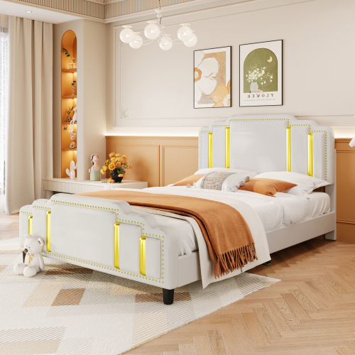 140*200cm Flachbett, gepolstertes Bett, Goldstreifen, leichter Luxus-Stil, minimalistisches Styling