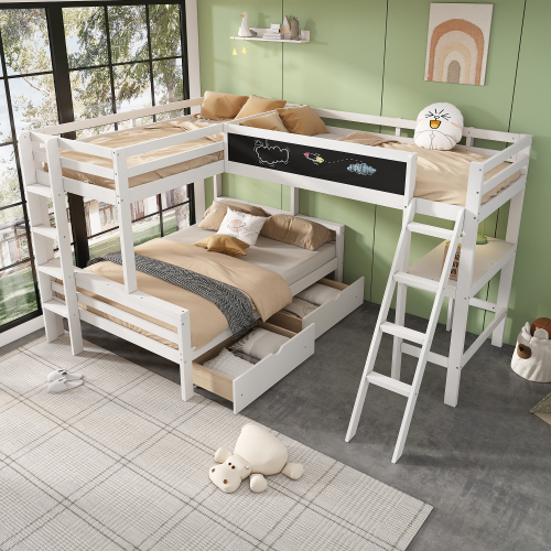 Kinderhochbett ,Im Kinderbett können drei Kinder schlafen, Hat Aufbewahrungsschubladen,aus Kiefernholz, Etagenbett, Kinderbett mit Schreibtisch und Regal, 140*200cm,90*200cm,weiß 
