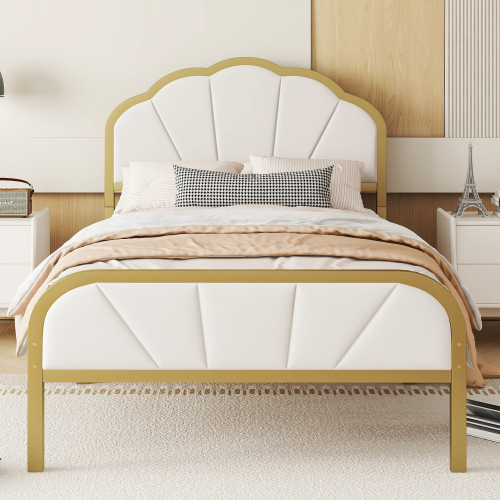 Eisenrahmenbett, Flachbett, wolkenähnliches Kopfteil, goldener Rahmen, minimalistisches Design