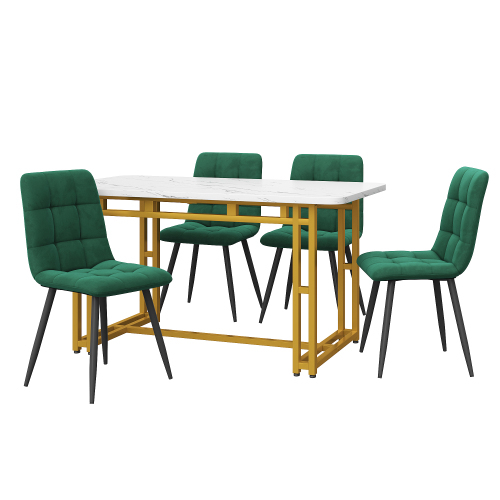 Gold Esstisch mit 4 Stühlen Set,Moderne Küche Esstisch Set, dunkelgrüner Samt Esszimmerstühle
