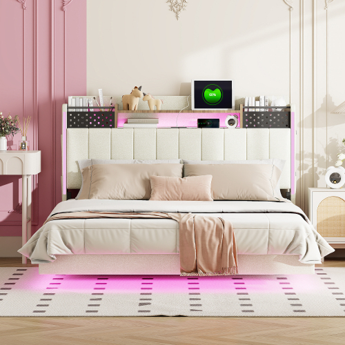 Polsterbett  mit LED-Beleuchtung und USB-Steckdose, Kopfteil mit Stauraum
