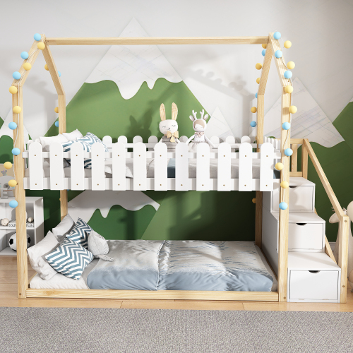 Etagenbett aus Massivholz mit Zaun-OKWISH