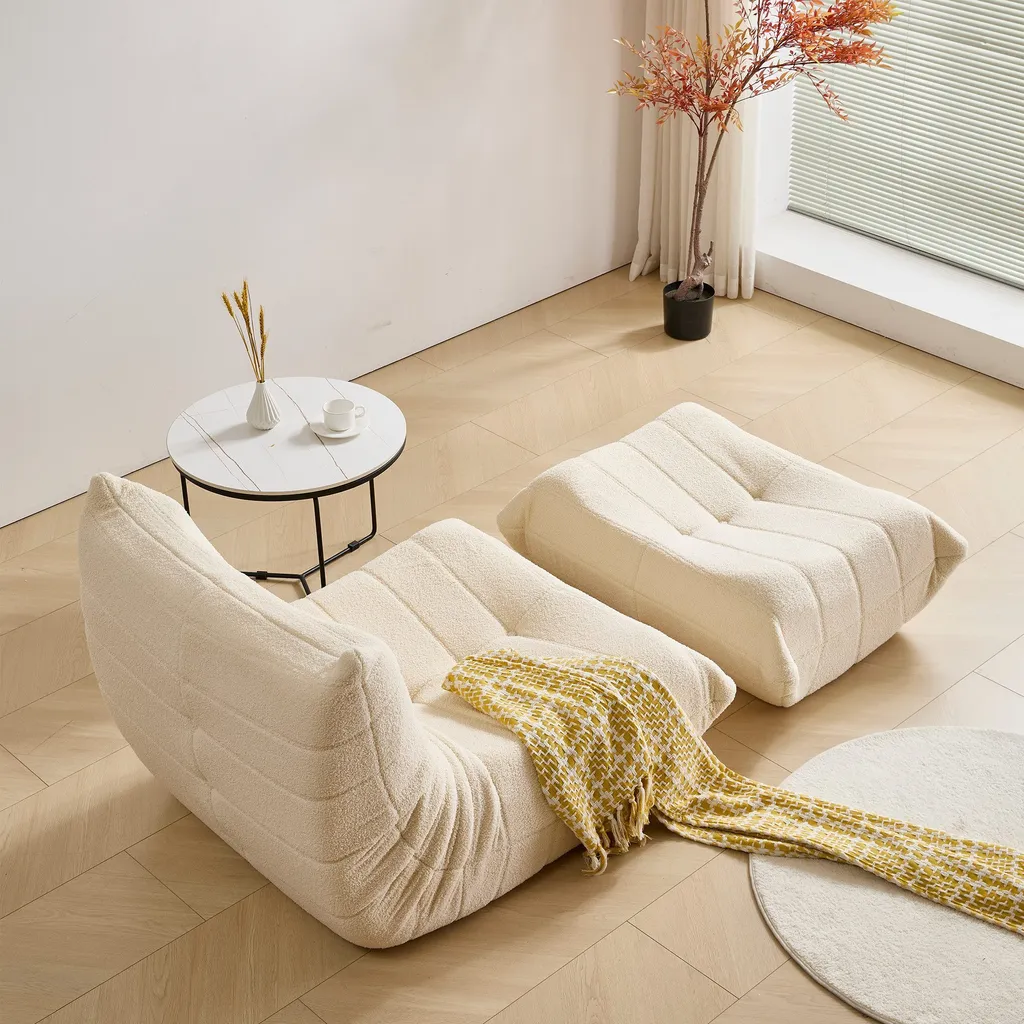 Relax Sessel Sofa Set – Faltbares Schlafsofa mit Rückenlehne & Fußstütze aus Teddystoff, Beige, für Wohnzimmer & Meditation