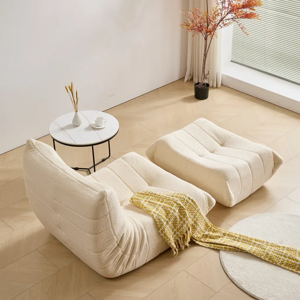 Relax Sessel Sofa Set – Faltbares Schlafsofa mit Rückenlehne & Fußstütze aus Teddystoff, Beige, für Wohnzimmer & Meditation