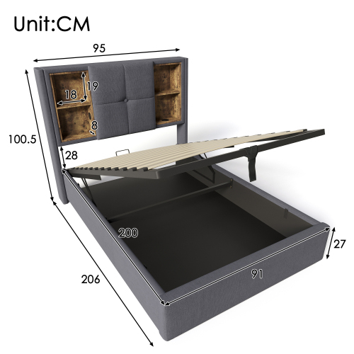 Doppelbett mit Kabellosem Laden USB , Bettgestell mit Stauraum Lattenrost aus Holz-Grau Baumwolle 