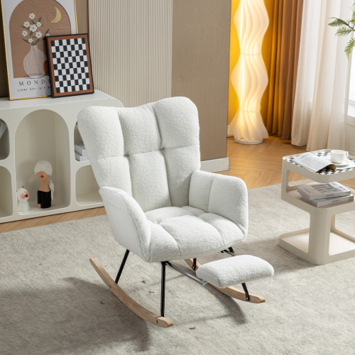 New Modern Teddy Fabric Tufted Upholstered Rocking Chair with pull-out footrest