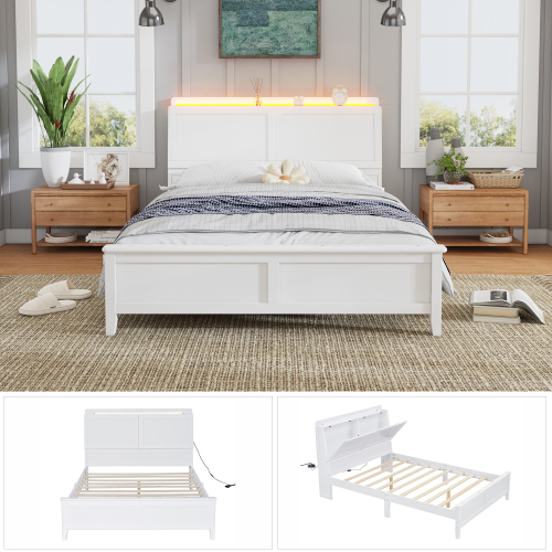 Doppelbett, Offenes Regal, Ablagefach mit herunterklappbarer Tür, Mit Umgebungslichtstreifen, Warmgelber Lichtstreifen, Flachbetten, Heranwachsende und Erwachsene, 140x200cm 