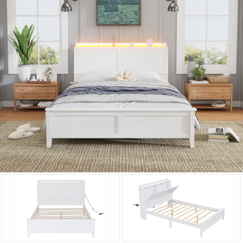 Doppelbett, Offenes Regal, Ablagefach mit herunterklappbarer Tür, Mit Umgebungslichtstreifen, Warmgelber Lichtstreifen, Flachbetten, Heranwachsende und Erwachsene, 140x200cm 