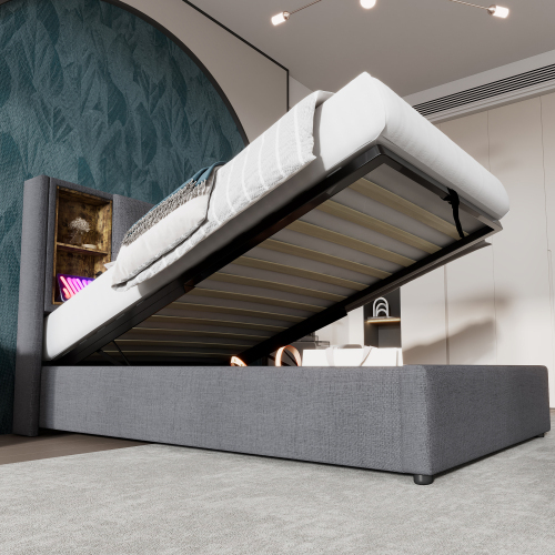 Doppelbett mit Kabellosem Laden USB , Bettgestell mit Stauraum Lattenrost aus Holz-Grau Baumwolle 