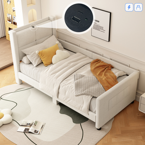 90*200cm Flachbett, gepolstert, mit USB-Anschluss, minimalistisches Design