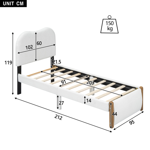 90*200cm Flachbett, Polsterbett, Kinderbett, weißes Kopfteil, minimalistisches Styling