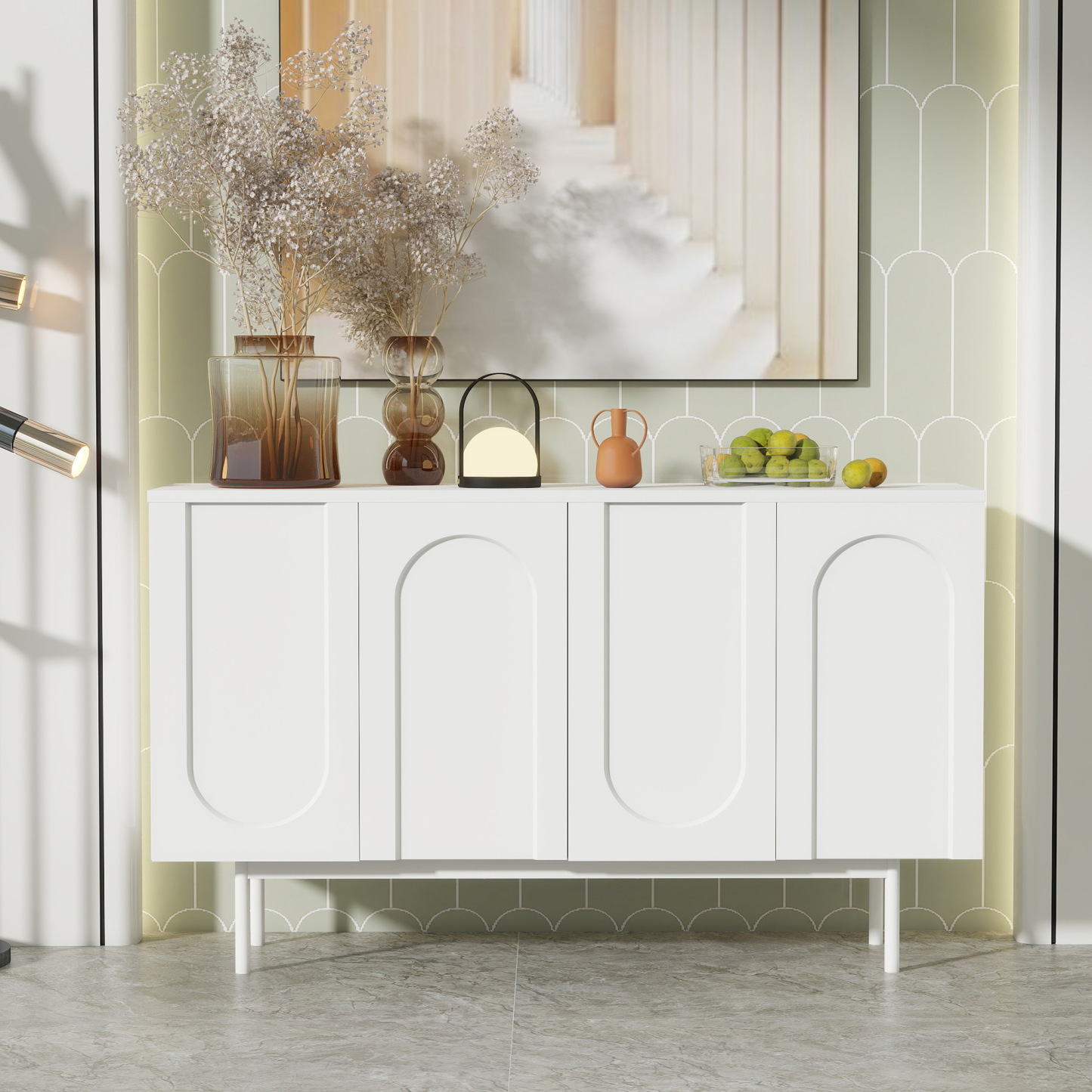 Buffet Bahut Moderne 120×35×71cm - OKWISH - 4 Portes, Espace de Rangement et Plateau Réglable - Blanc - Contemporain