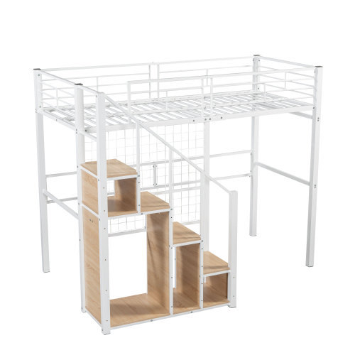 Hochbett mit Sicherheitsleiter Kinderbett mit Eisenrahmen und Ablagefläche, Jugendbett, Einzelbett