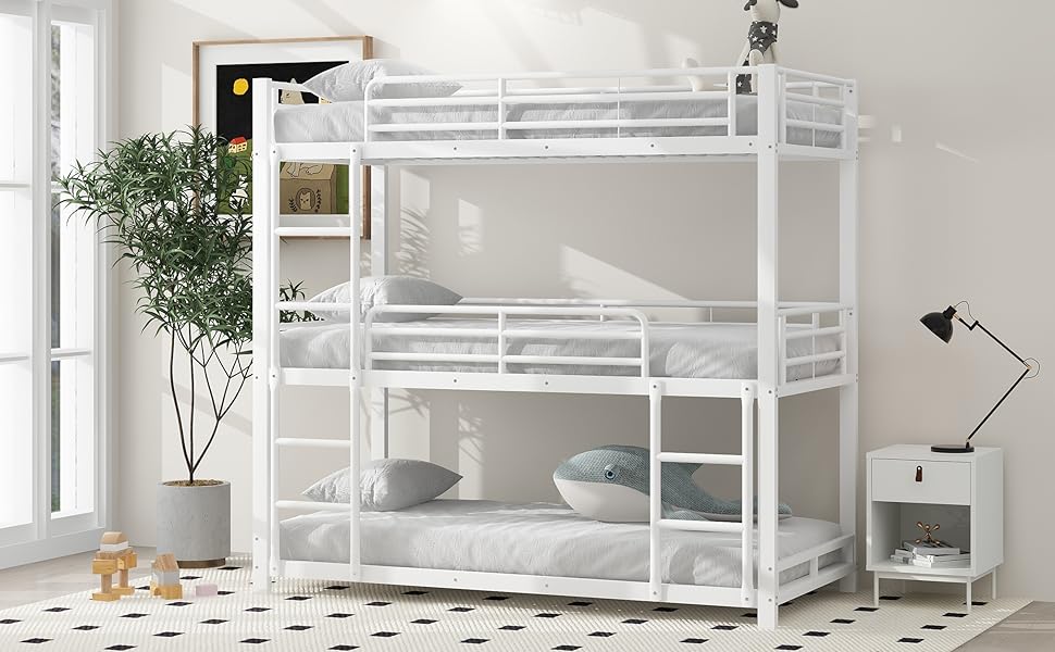 Kinderbett Etagenbett 90x200 cm Geeignet für 3 Kinder Bett Metallbett Familienbett