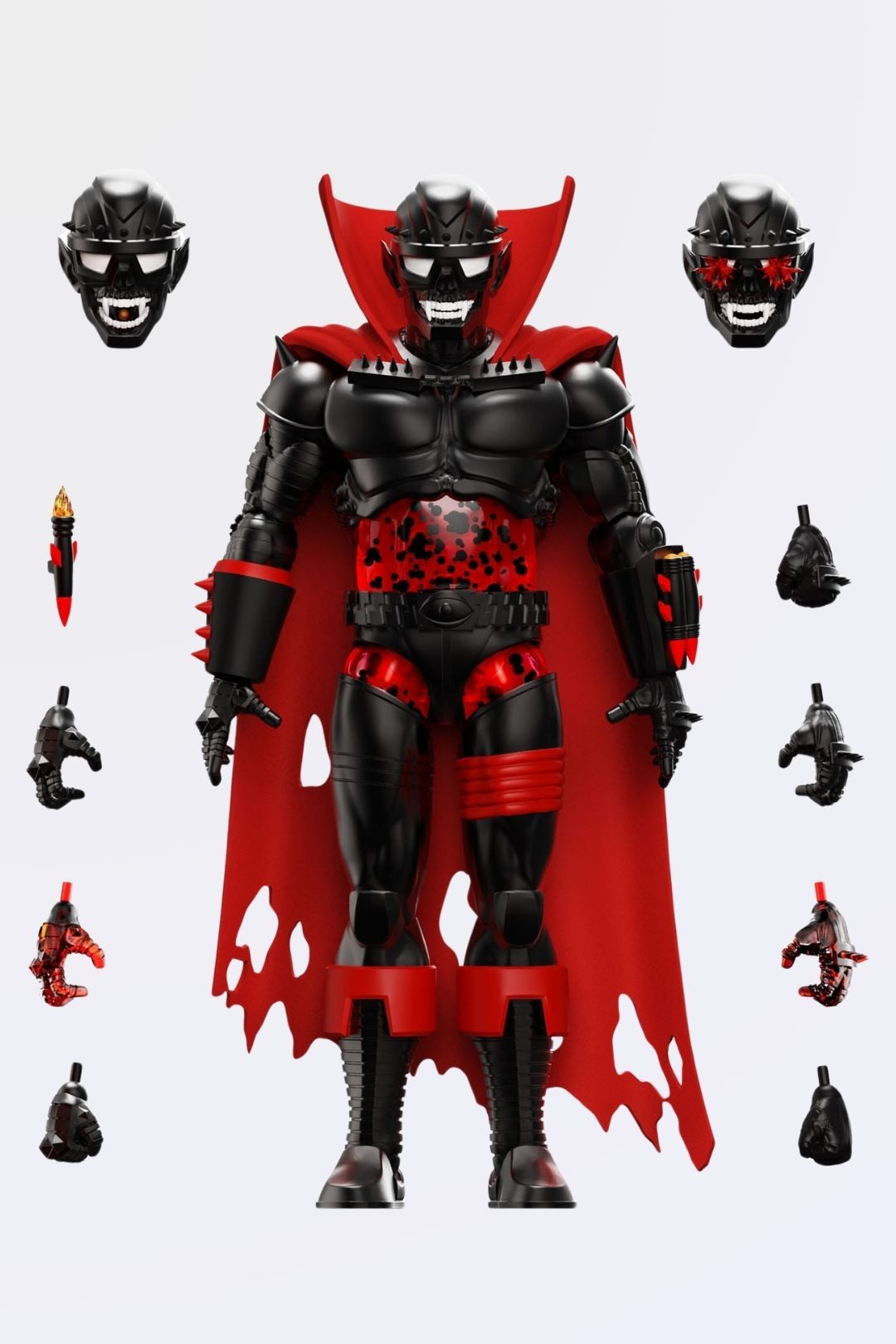 Front-facing shot of Czar Noir action figure with red cape and interchangeable heads and accessories laid out