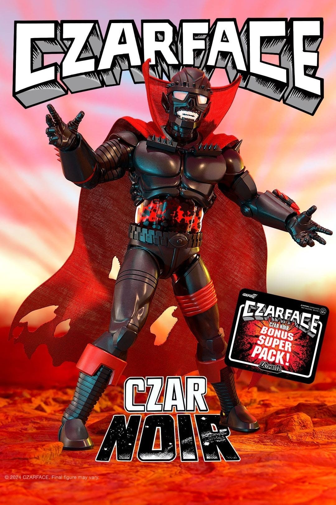 Dynamic pose of Czar Noir action figure with red cape against Czarface artwork background
