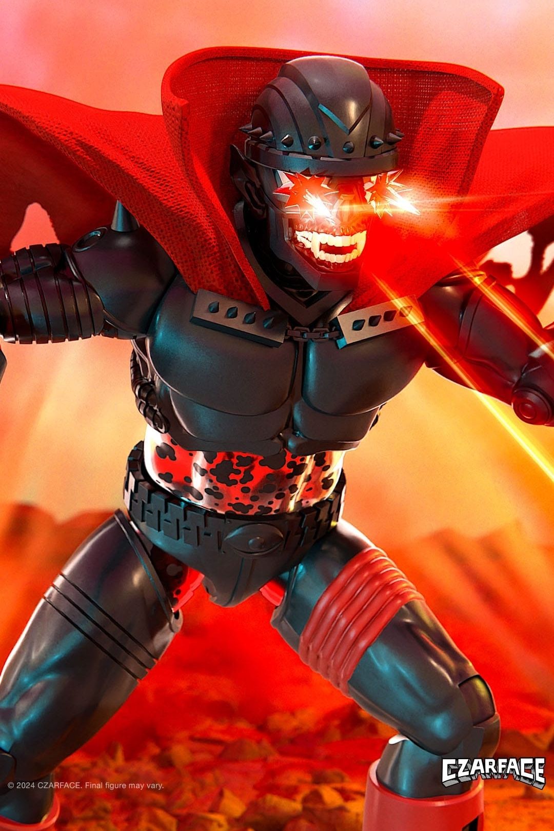 Close-up shot of Czar Noir action figure with laser eyes head and red cape detail