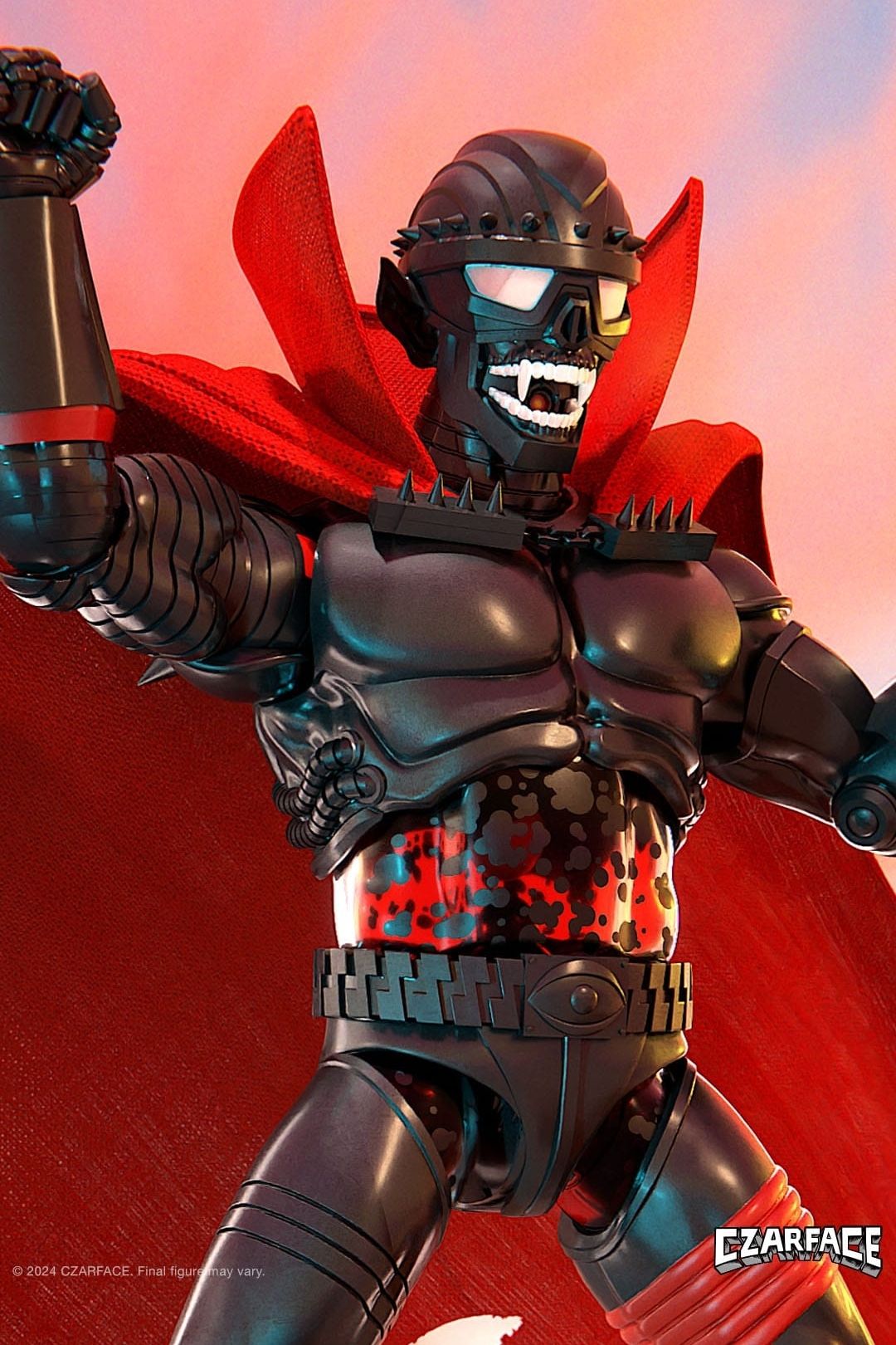 Angled upper body shot of Czar Noir action figure showing spiked armour and helmet sculpt