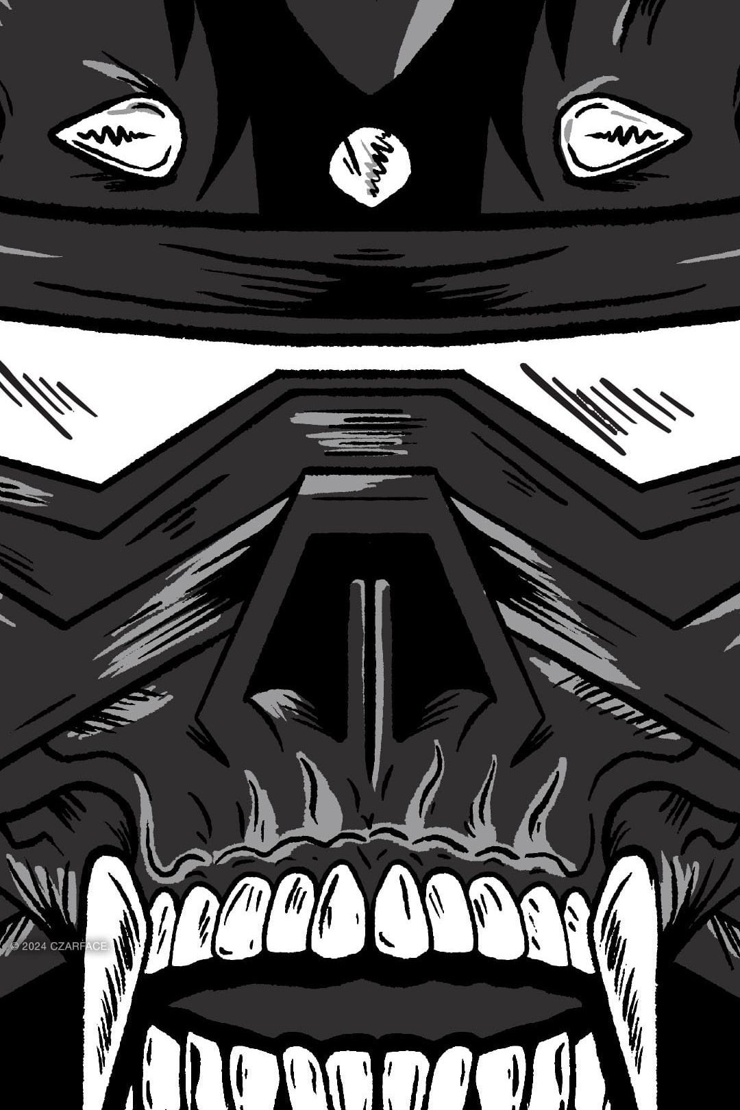 Close-up illustration artwork of Czar Noir helmet and teeth from Czarface packaging design