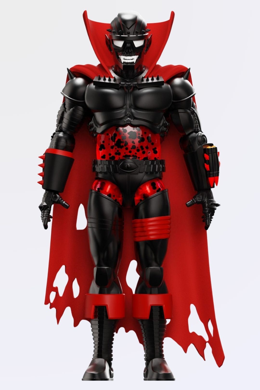 Front-facing studio shot of Czar Noir action figure wearing red cape on clean background