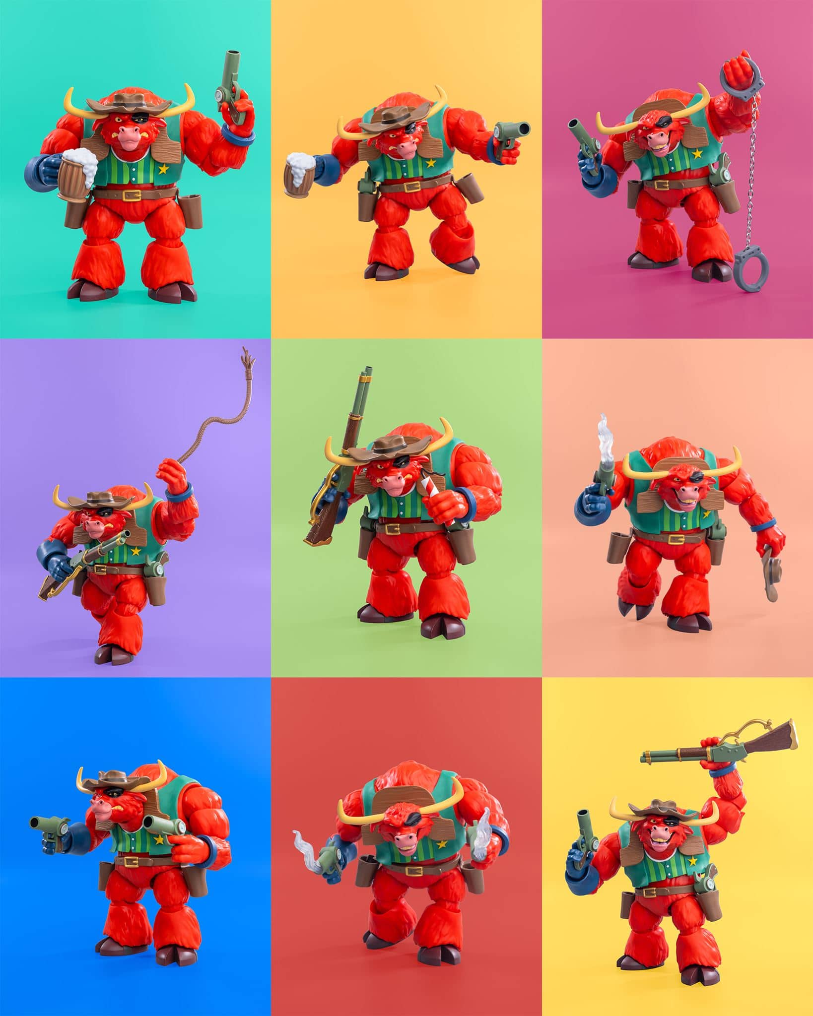 Collage of nine photos by Plastic Head showing a red bull cowboy action figure posed with different weapons and accessories against brightly coloured backgrounds
