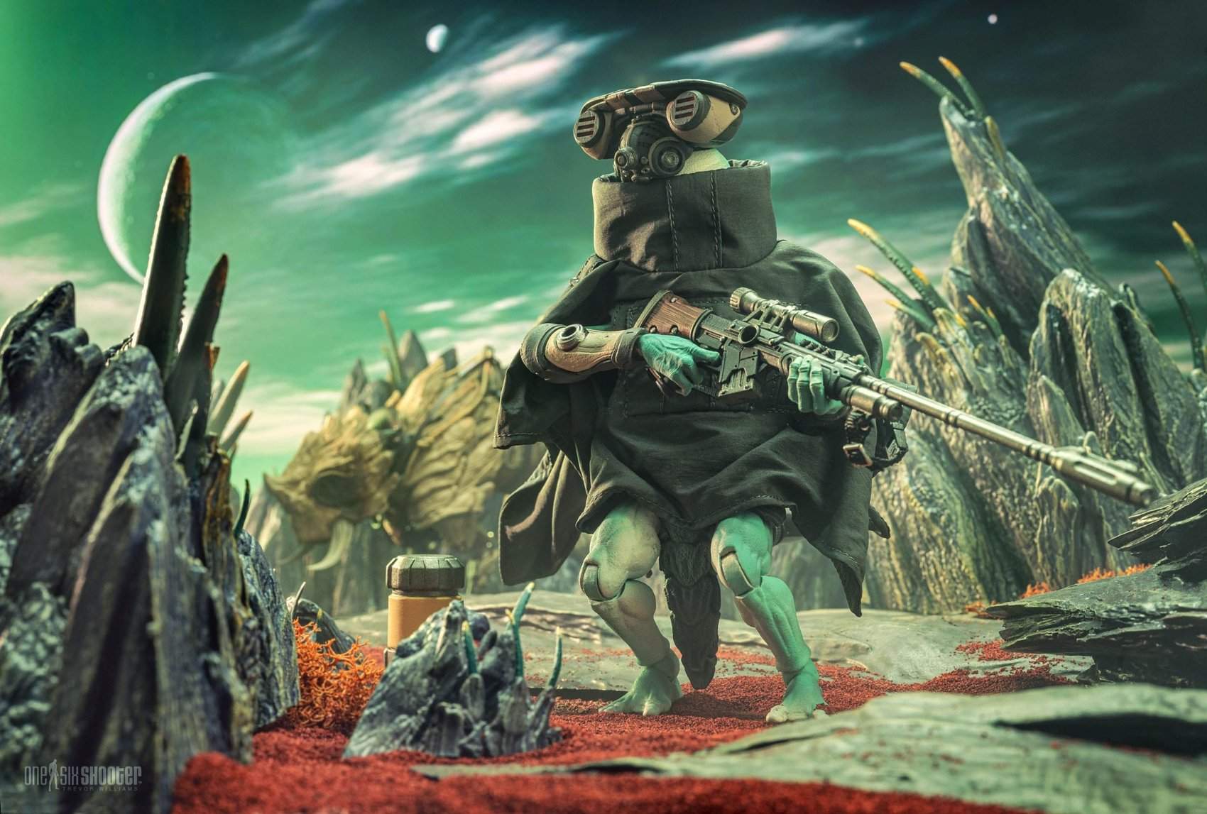 Outdoor diorama shot of AhgCha action figure crouched with long sniper rifle on alien terrain under green sky with moons