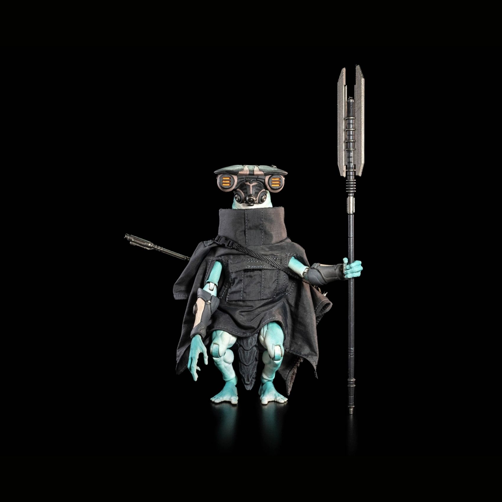 Front view of AhgCha action figure holding tall spear with black soft-goods cloak and visor helmet