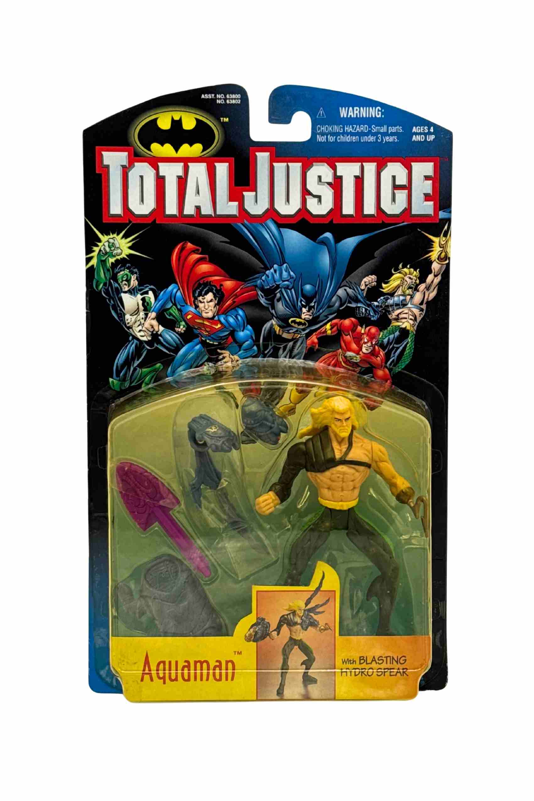 Front carded shot of Batman Total Justice Aquaman action figure with hydro spear and fractal tech armour accessories sealed on yellowed blister card