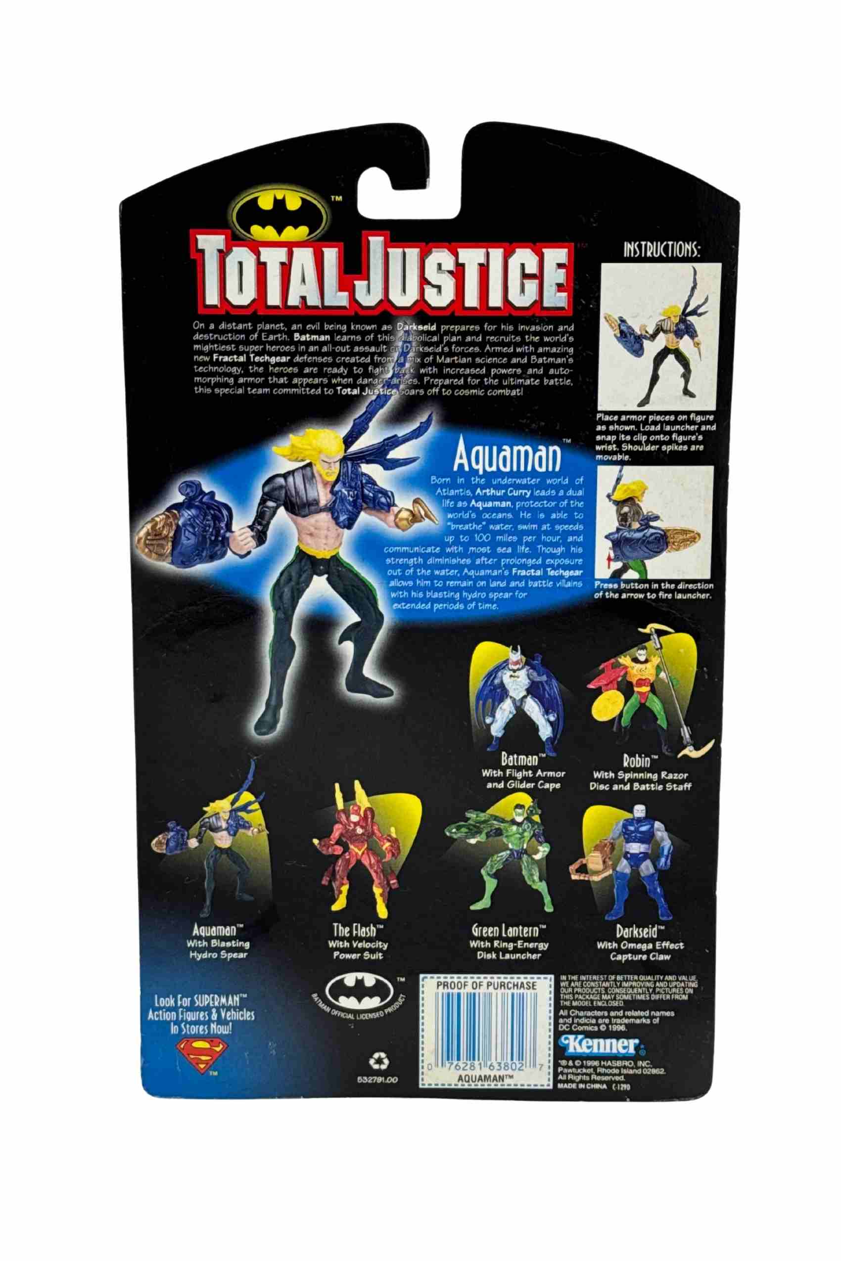 Rear packaging shot of Batman Total Justice Aquaman action figure showing character bio instructions and full wave lineup including Batman, Robin, Flash, Green Lantern and Darkseid