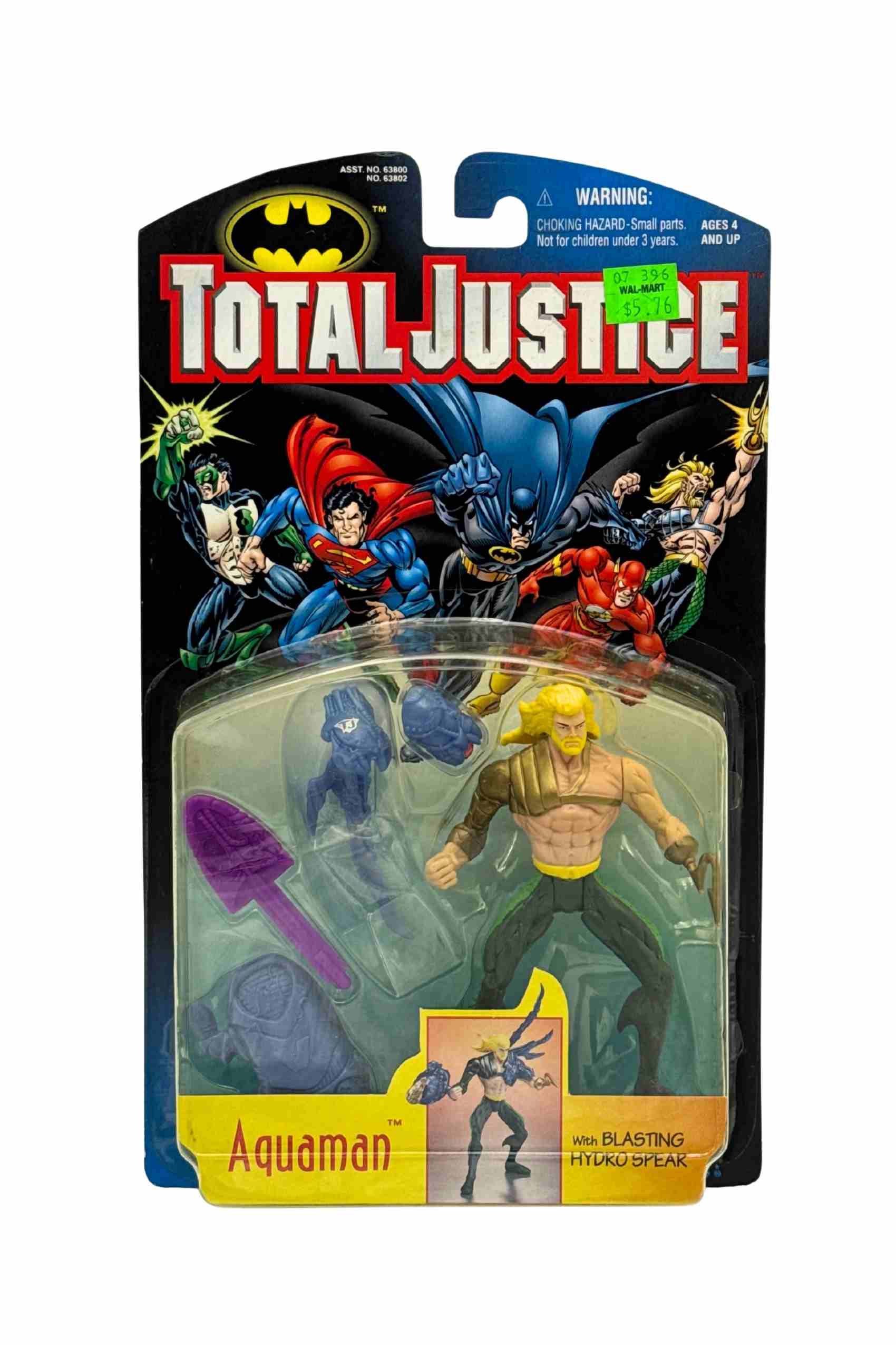 Front carded shot of Batman Total Justice Aquaman action figure with hydro spear and fractal tech armour accessories sealed on blister card