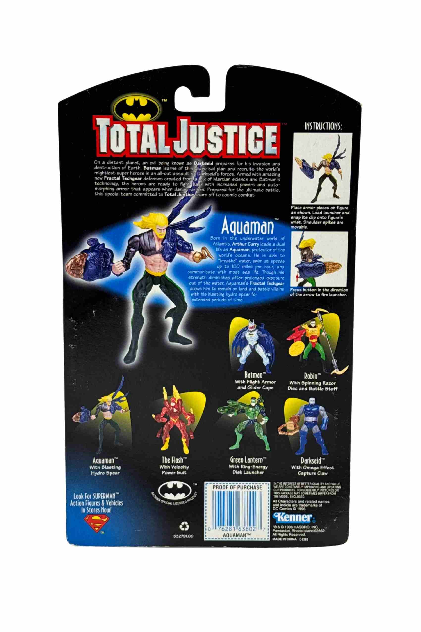 Rear packaging shot of Batman Total Justice Aquaman action figure showing character bio instructions and full wave lineup including Batman, Robin, Flash, Green Lantern and Darkseid