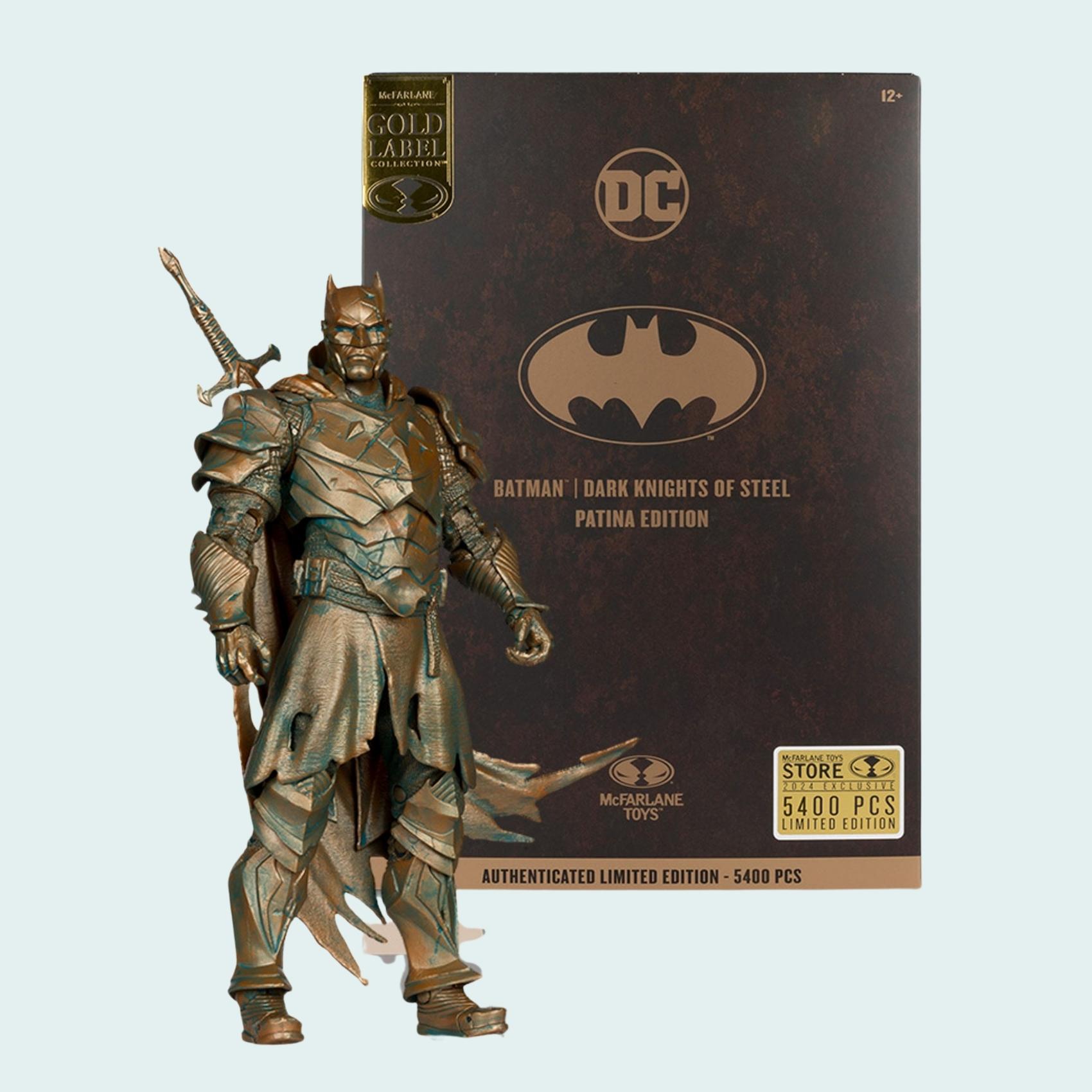 Front shot of Batman Dark Knights of Steel Patina Edition action figure posed beside Gold Label collector box