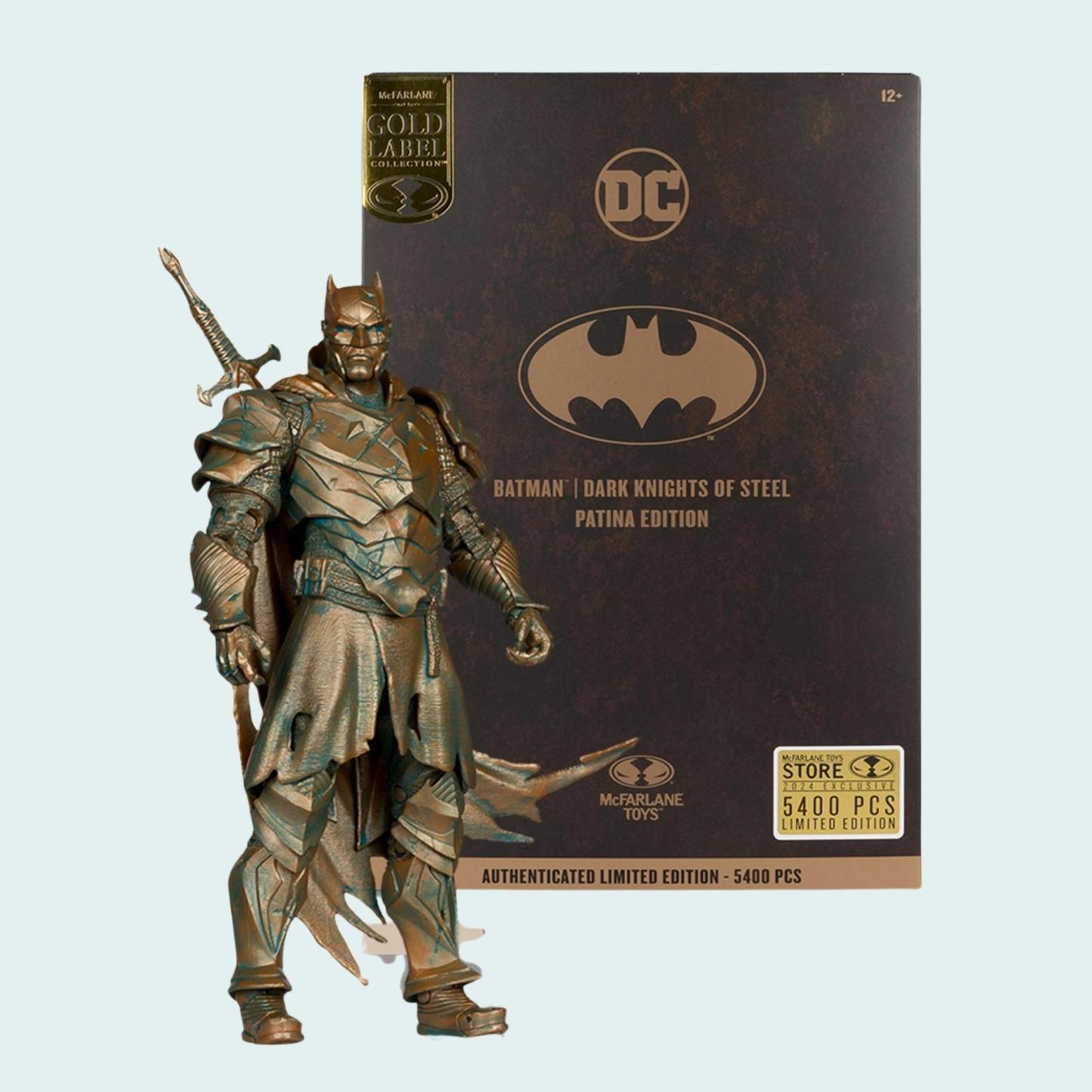 Front shot of Batman Dark Knights of Steel Patina Edition action figure posed beside Gold Label collector box