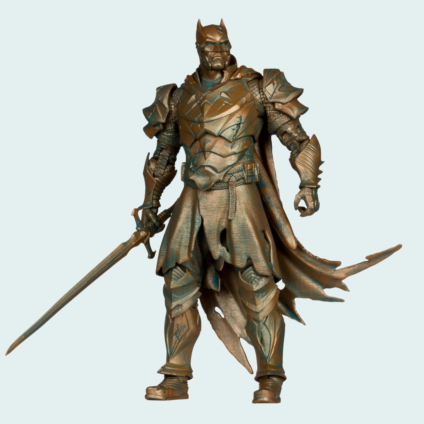 Front view shot of Batman Dark Knights of Steel Patina Edition action figure holding medieval sword with flowing cape