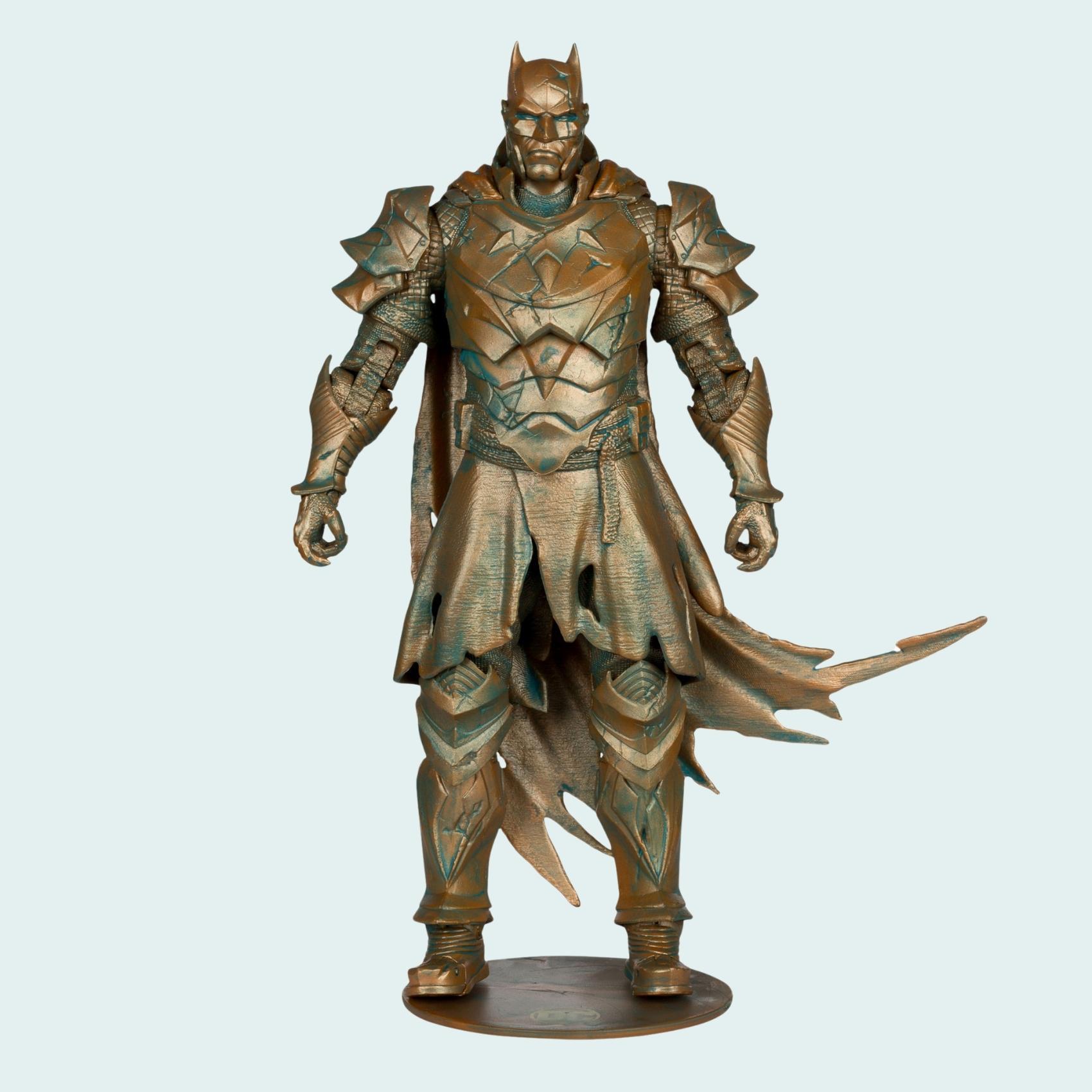 Front-on shot of Batman Dark Knights of Steel Patina Edition action figure standing on round display base