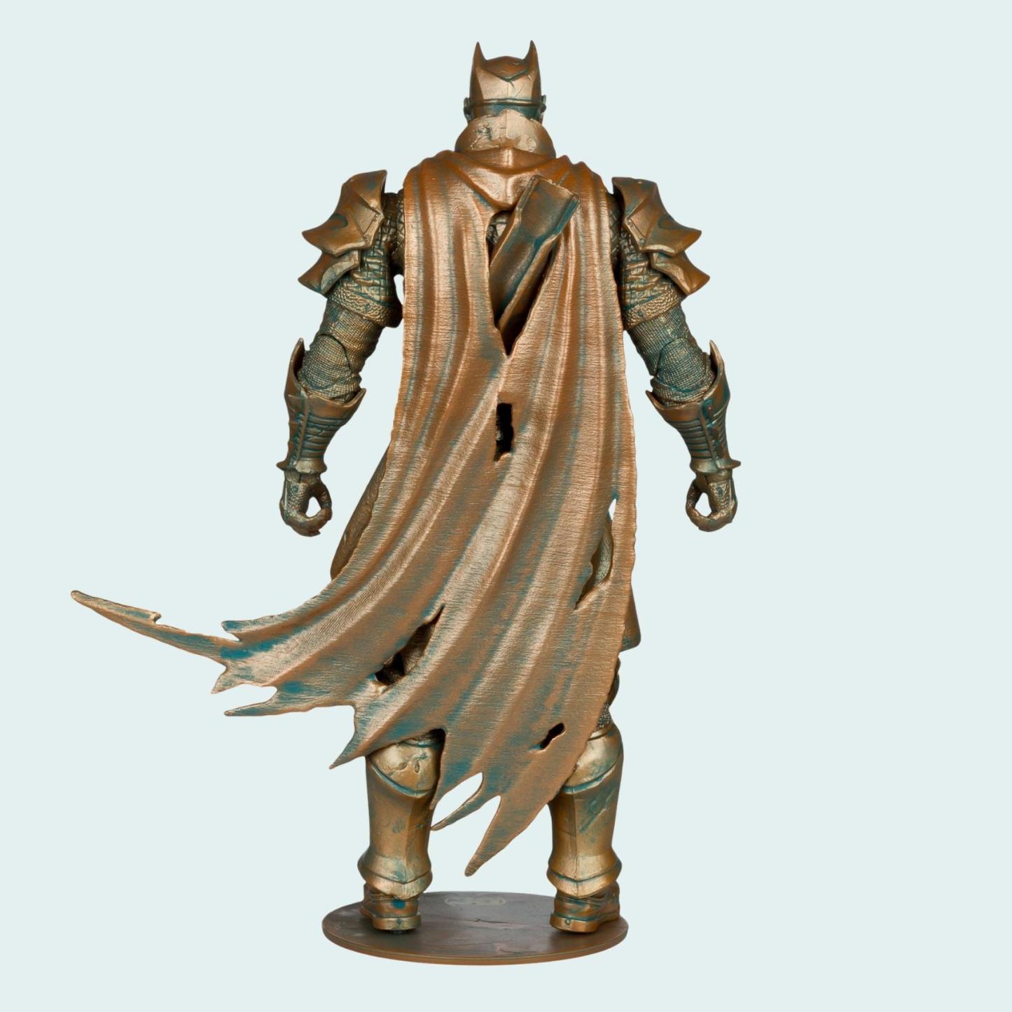 Rear view shot of Batman Dark Knights of Steel Patina Edition action figure showing torn cape and armour sculpt
