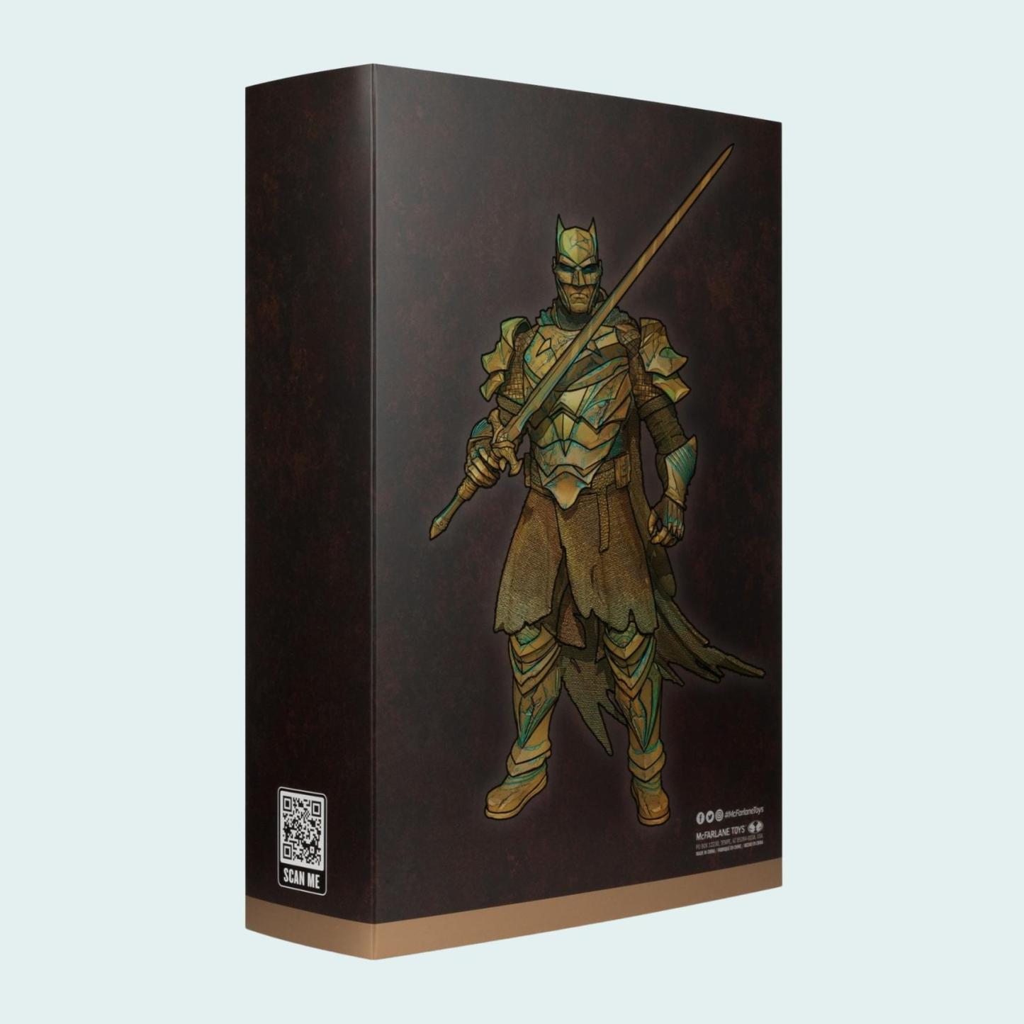 Angled view shot of Batman Dark Knights of Steel Patina Edition Gold Label box with illustrated character artwork