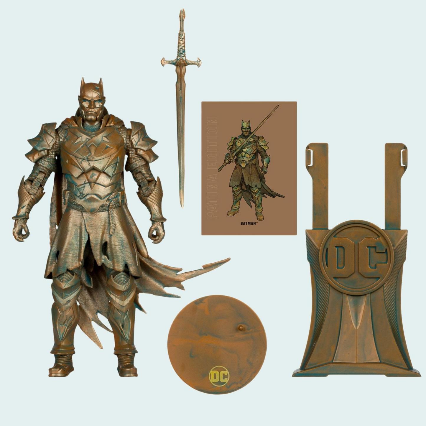 Laid-out accessories shot of Batman Dark Knights of Steel Patina Edition action figure with sword stand base and collector card