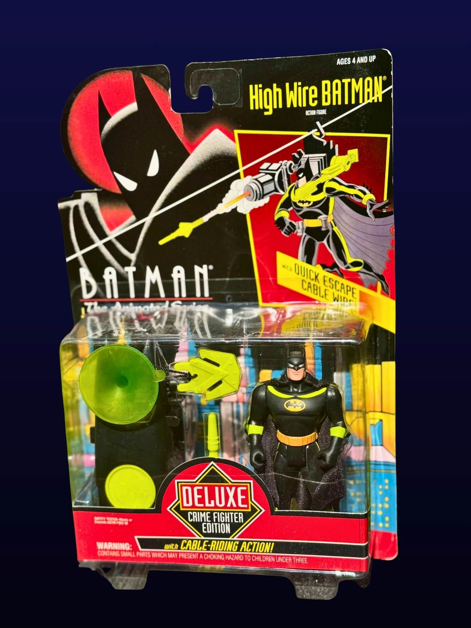 Front packaged High Wire Batman vintage Kenner action figure from Batman The Animated Series Deluxe Crime Fighter Edition with accessories