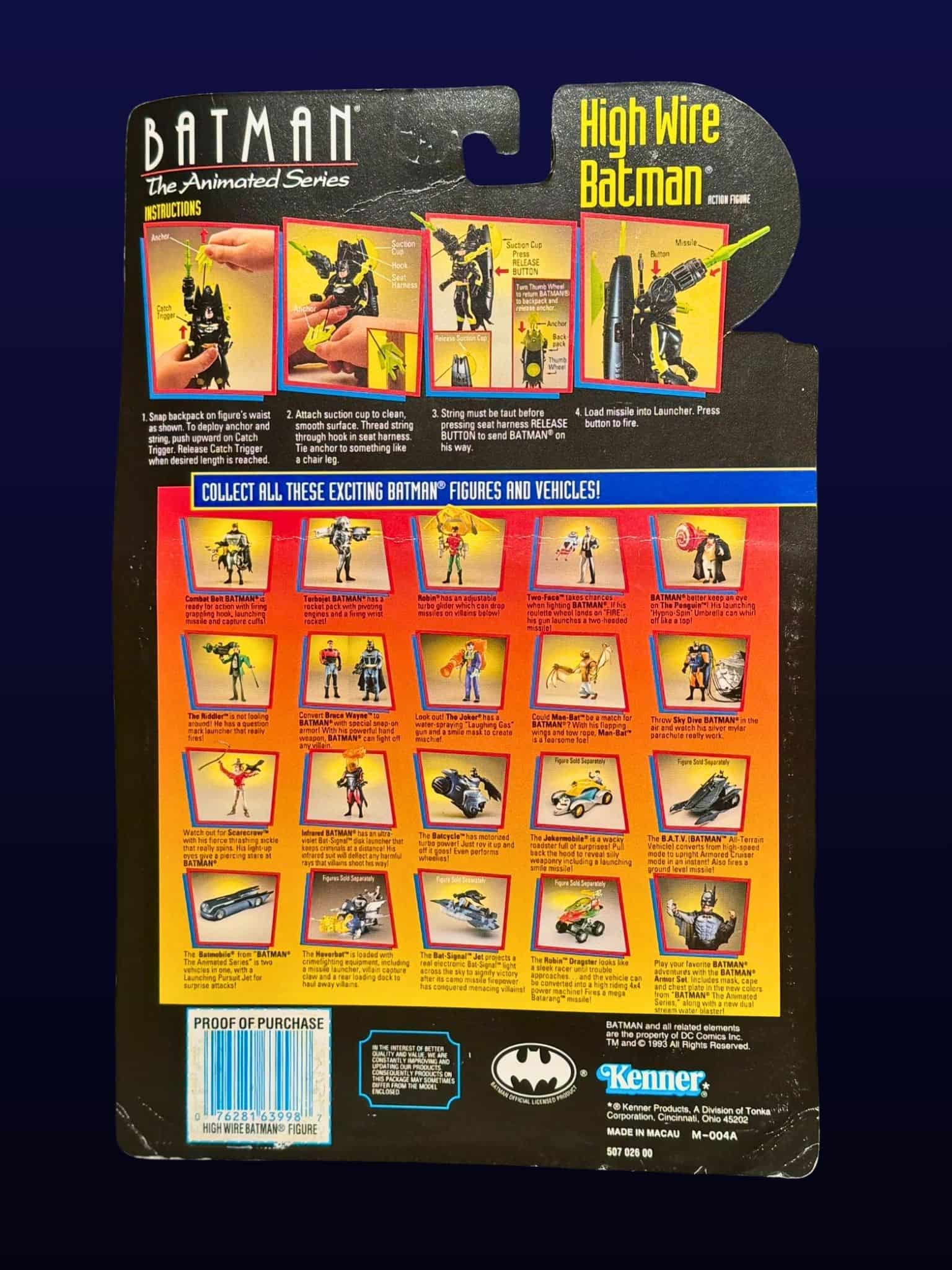 Back card artwork of High Wire Batman vintage Kenner action figure showing instructions and other Batman The Animated Series toys