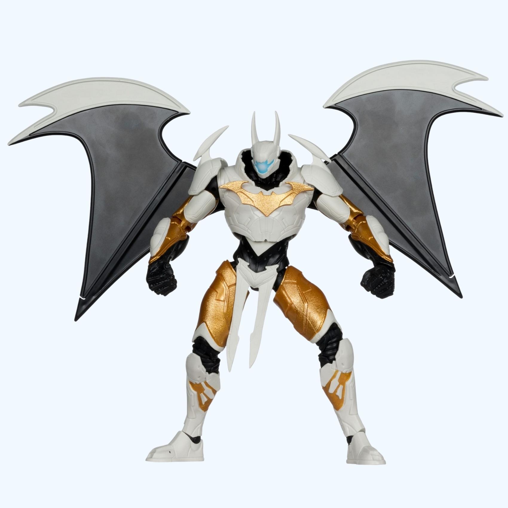 Front wide shot of Batman Mega action figure with extended black wings in battle-ready pose