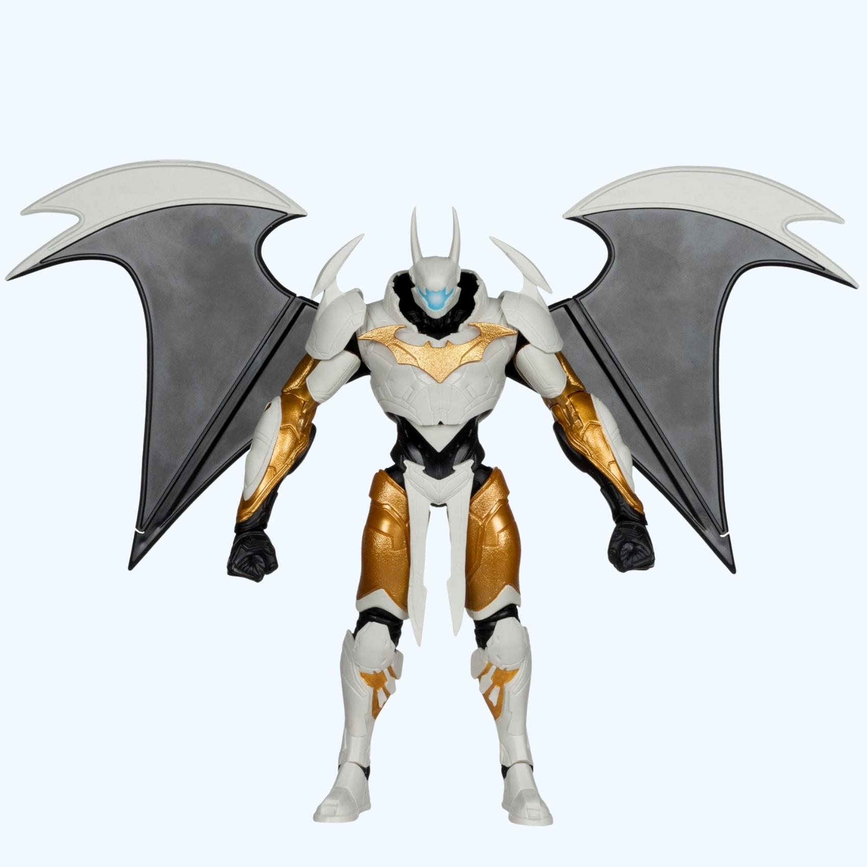 Front standing shot of Batman Mega action figure in white and gold armour with extended black wings