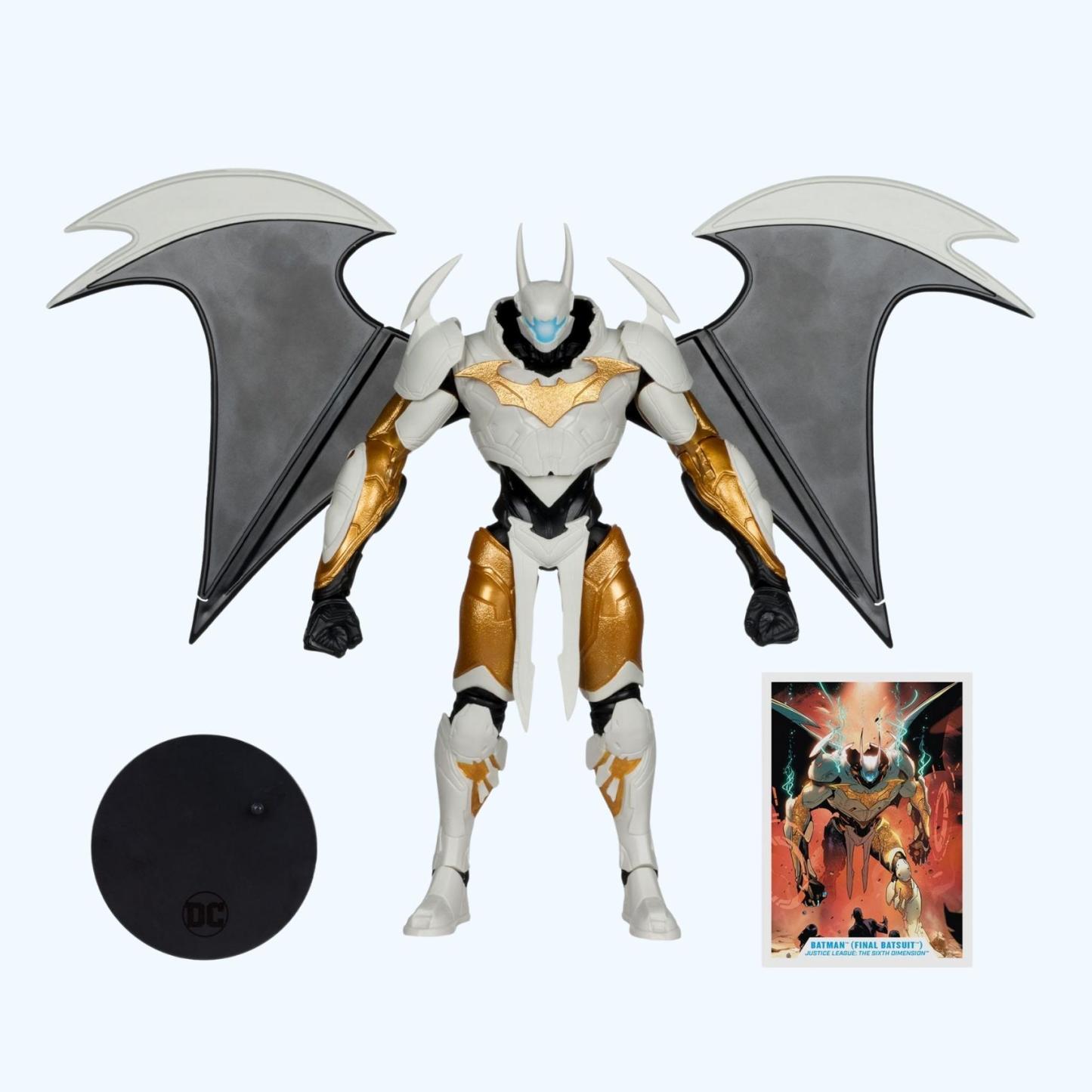 Accessories laid out shot of Batman Mega action figure with display stand and Justice League Sixth Dimension art card