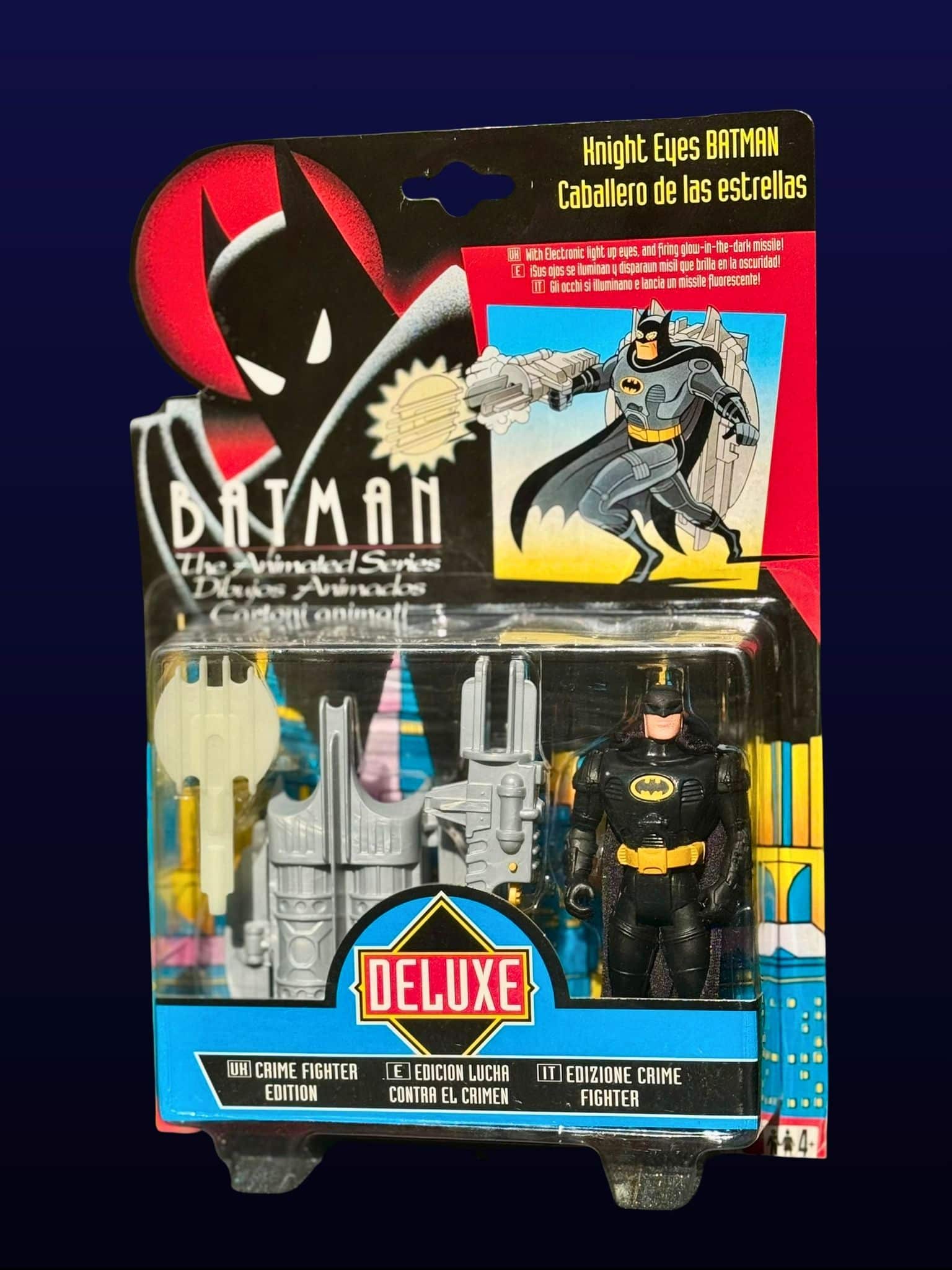 Front packaged Knight Eyes Batman vintage Kenner action figure from Batman The Animated Series Deluxe Crime Fighter Edition with launcher and glow missile