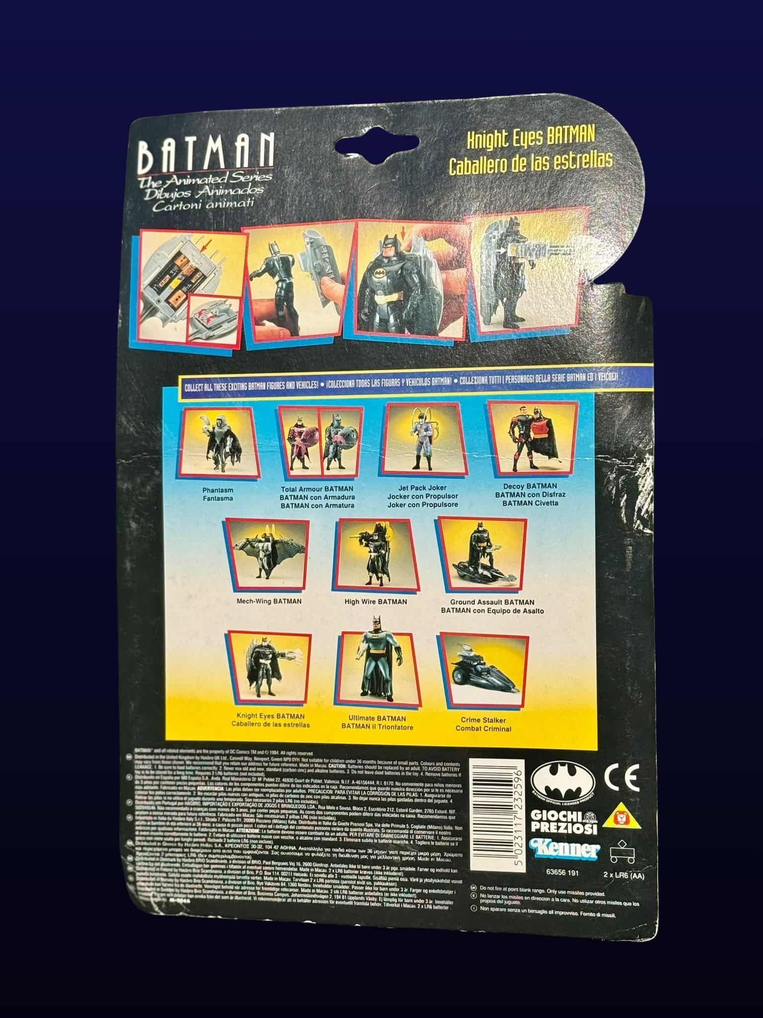 Back card of Knight Eyes Batman vintage Kenner action figure showing instructions and other Batman The Animated Series toys
