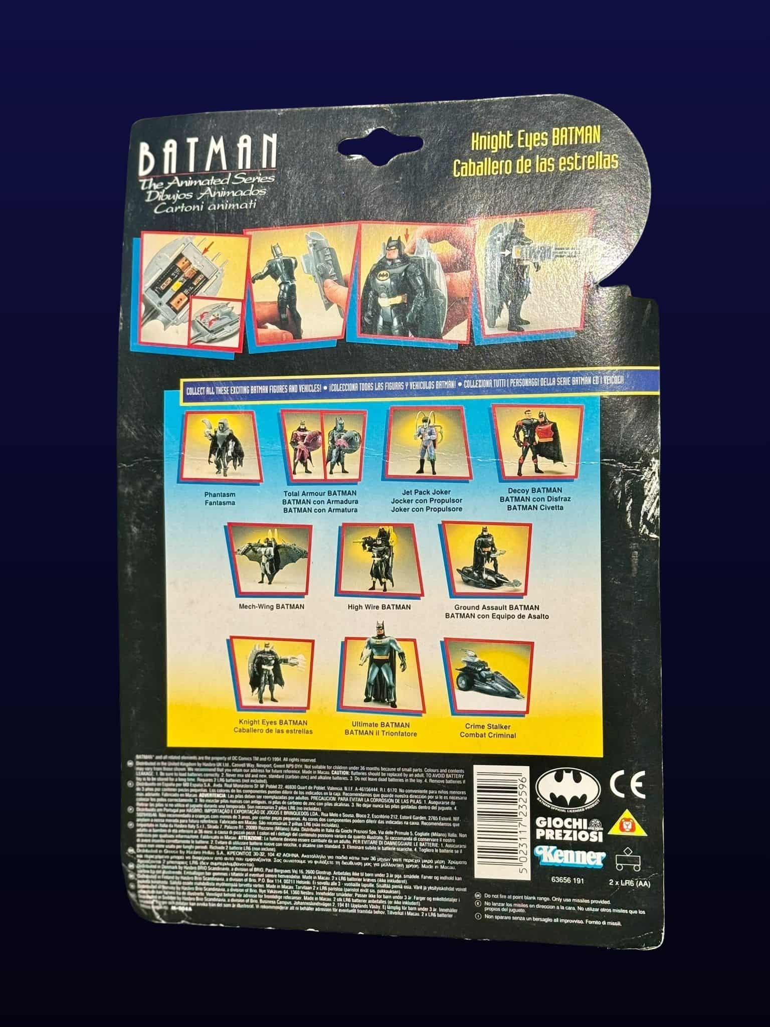 Back card of Knight Eyes Batman vintage Kenner action figure showing instructions and other Batman The Animated Series toys