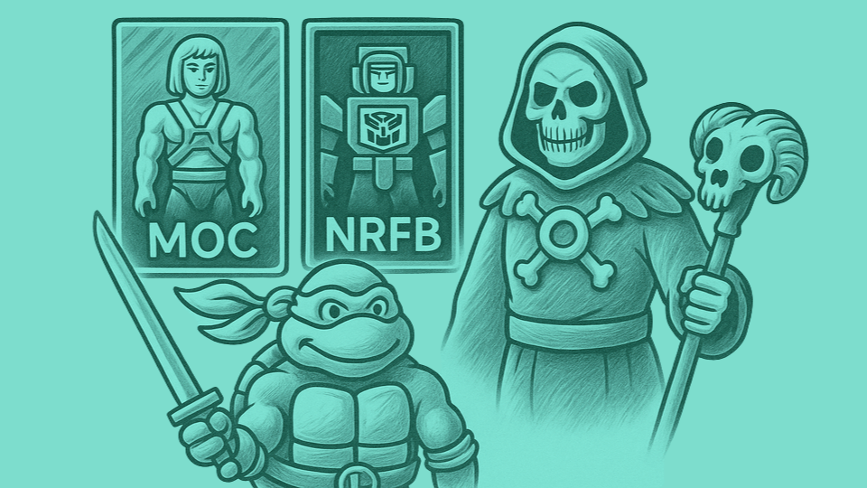 {"default":"Stylised illustration of vintage-style action figures including MOC He-Man, NRFB Transformer, TMNT Leonardo with sword, and Skeletor holding his Havoc Staff"}
